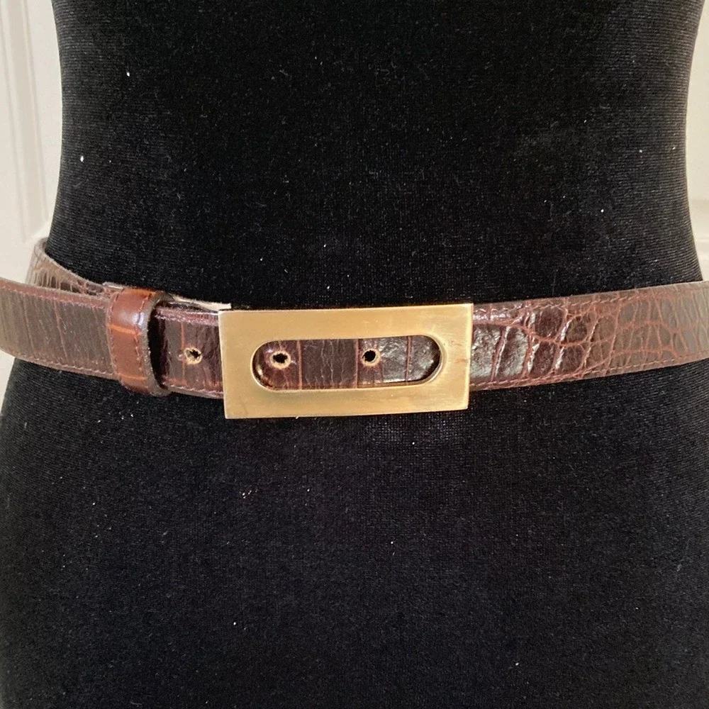 VTG Nava Leather Womens Classic Brown‎ Leather Croc Embossed Belt Size M Gold